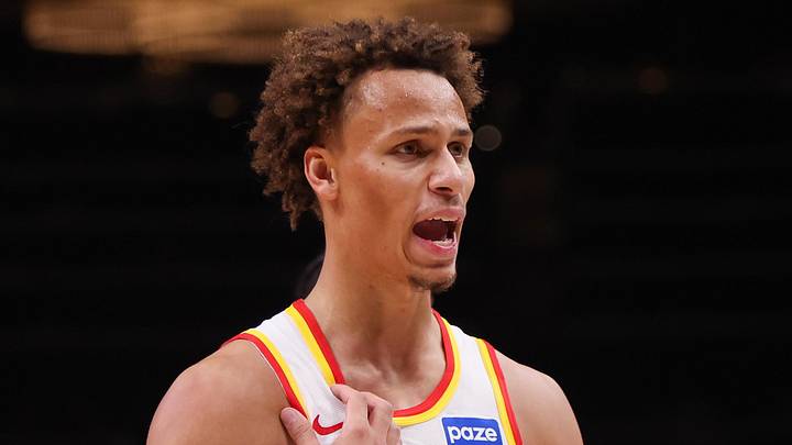 Atlanta Hawks guard Dyson Daniels (5) reacts to a call against the Orlando Magic in the third quarter at State Farm Arena on November 4, 2025. Atlanta Hawks guard Dyson Daniels (5) reacts to a call against the Orlando Magic in the third quarter at State Farm Arena on November 4, 2025.