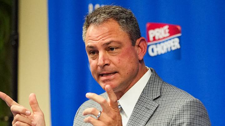 Nov 3, 2022; Kansas City, Missouri, USA; Kansas City Royals general manager J.J. Picollo talks with media during a press conference at Kauffman Stadium. Mandatory Credit: Jay Biggerstaff-USA TODAY Sports Nov 3, 2022; Kansas City, Missouri, USA; Kansas City Royals general manager J.J. Picollo talks with media during a press conference at Kauffman Stadium. Mandatory Credit: Jay Biggerstaff-USA TODAY Sports