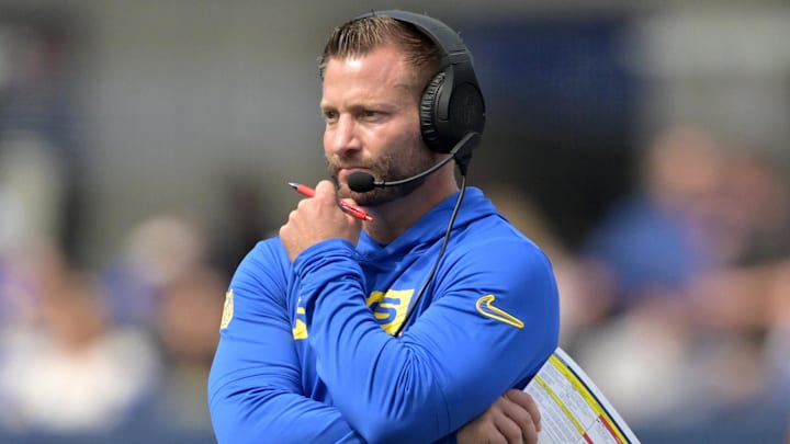 Sep 22, 2024; Inglewood, California, USA;    Los Angeles Rams head coach Sean McVay on the sidelines during the first half against the San Francisco 49ers at SoFi Stadium. Mandatory Credit: Jayne Kamin-Oncea-Imagn Images