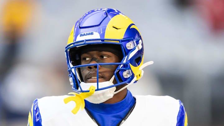 Dec 7, 2025; Glendale, Arizona, USA; Los Angeles Rams wide receiver Konata Mumpfield (15) against the Arizona Cardinals at State Farm Stadium. Mandatory Credit: Mark J. Rebilas-Imagn Images Dec 7, 2025; Glendale, Arizona, USA; Los Angeles Rams wide receiver Konata Mumpfield (15) against the Arizona Cardinals at State Farm Stadium. Mandatory Credit: Mark J. Rebilas-Imagn Images