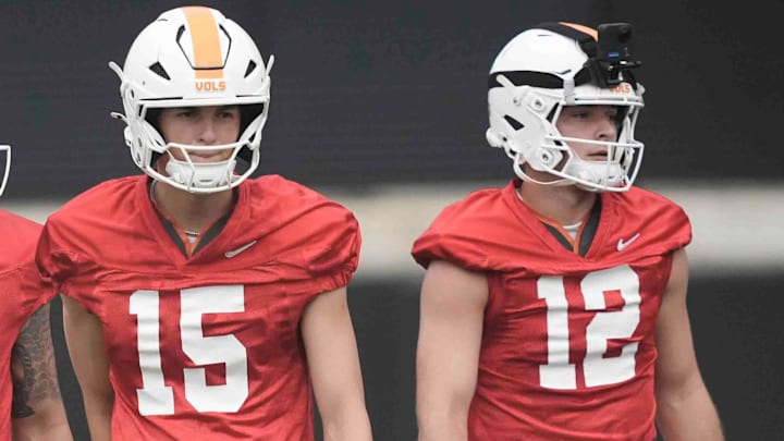 Tennessee quarterback Joey Aguilar (6), Tennessee quarterback George MacIntyre (15), and Tennessee quarterback Jake Merklinger (12) during Tennessee football preseason practice, in Knoxville, Tennessee, July 31, 2025.