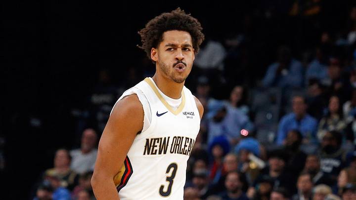 Oct 22, 2025; Memphis, Tennessee, USA; New Orleans Pelicans guard Jordan Poole (3) reacts during the second quarter against the Memphis Grizzlies at FedExForum. Mandatory Credit: Petre Thomas-Imagn Images