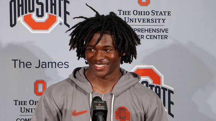 Aug 31, 2024; Columbus, OH, USA; Ohio State wide receiver Jeremiah Smith speaks after the Buckeyes' 52-6 win over Akron.