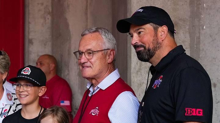 Ohio State Buckeyes head coach Ryan Day take a photo with Lt. Gov. and former head coach Jim Tressel and family before the NCAA game against Ball State at the Ohio Stadium on Sept. 5, 2026 in Columbus, Ohio. Ohio State Buckeyes head coach Ryan Day take a photo with Lt. Gov. and former head coach Jim Tressel and family before the NCAA game against Ball State at the Ohio Stadium on Sept. 5, 2026 in Columbus, Ohio.