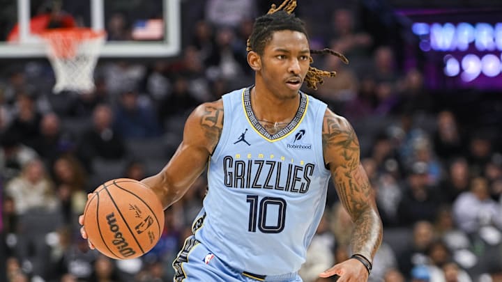 Feb 4, 2026; Sacramento, California, USA; Memphis Grizzlies guard Javon Small (10) dribbles against the Sacramento Kings during the second quarter at Golden 1 Center. Mandatory Credit: Ed Szczepanski-Imagn Images