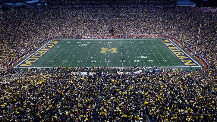 Sep 16, 2023; Ann Arbor, Michigan, USA; General view of the kick off between the Michigan Wolverines and the Bowling Green Falcons in the first half at Michigan Stadium. Mandatory Credit: Rick Osentoski-USA TODAY Sports Sep 16, 2023; Ann Arbor, Michigan, USA; General view of the kick off between the Michigan Wolverines and the Bowling Green Falcons in the first half at Michigan Stadium. Mandatory Credit: Rick Osentoski-USA TODAY Sports