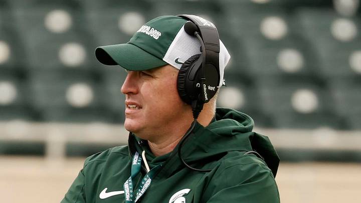 April 18, 2026; East Lansing, Mich.; Michigan State head coach Pat Fitzgerald watches the action going on during MSU's "Spring Showcase" at Spartan Stadium. April 18, 2026; East Lansing, Mich.; Michigan State head coach Pat Fitzgerald watches the action going on during MSU's "Spring Showcase" at Spartan Stadium.