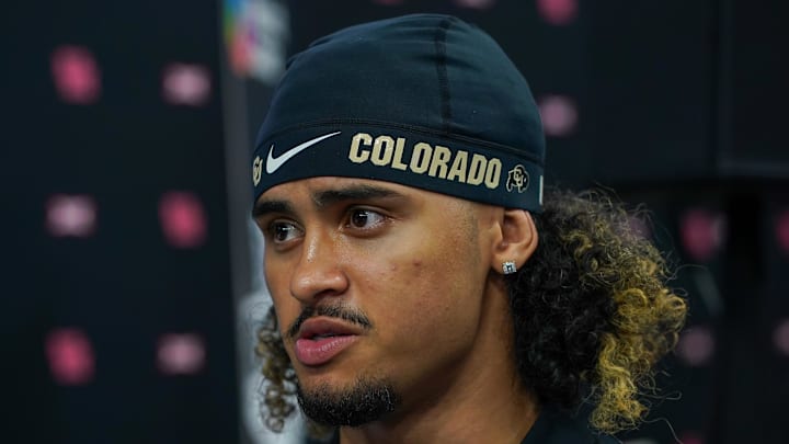 Jul 9, 2025; Frisco, TX, USA; Colorado quarterback Julian Lewis speaks with the media during 2025 Big 12 Football Media Days at The Star. Mandatory Credit: Raymond Carlin III-Imagn Images