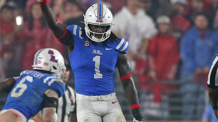 Nov 9, 2024; Oxford, Mississippi, USA; Mississippi Rebels defensive lineman Princely Umanmielen (1) reacts during the second half against the Georgia Bulldogs at Vaught-Hemingway Stadium. Mandatory Credit: Petre Thomas-Imagn Images