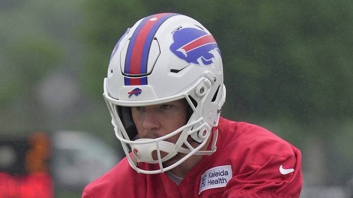 Tyler Bass warms up on the sides catching the ball during Bills Training Camp at St. John Fisher University on July 30, 2026 in Pittsford.