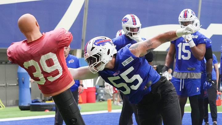 Jun 9, 2026; Orchard Park, NY, USA; Buffalo Bills defensive end Michael Hoecht (55) trans during Buffalo Bills Minicamp. Mandatory Credit: Gregory Fisher-Imagn Images