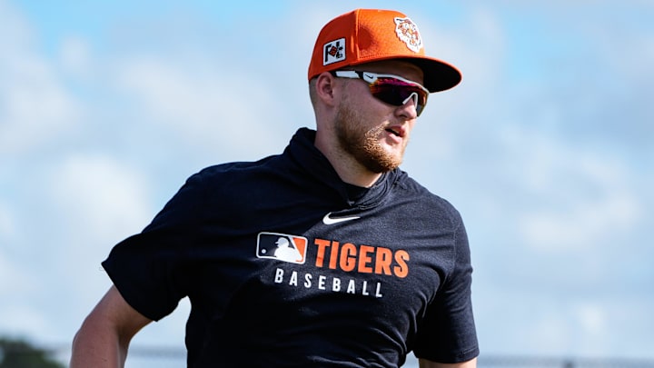 Detroit Tigers outfielder Parker Meadows runs during spring training at TigerTown in Lakeland, Fla. on Saturday, Feb. 15, 2025