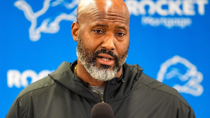 Detroit Lions General Manager Brad Holmes speaks to the press about their NFL season