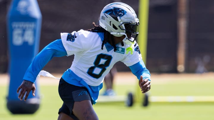 Carolina Panthers cornerback Jaycee Horn (8) runs drills during training camp. Carolina Panthers cornerback Jaycee Horn (8) runs drills during training camp.