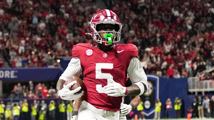 Dec 6, 2025; Atlanta, GA, USA; Alabama Crimson Tide wide receiver Germie Bernard (5) scores a touchdown during the fourth quarter against the Georgia Bulldogs during the 2025 SEC Championship game at Mercedes-Benz Stadium. Mandatory Credit: Dale Zanine-Imagn Images