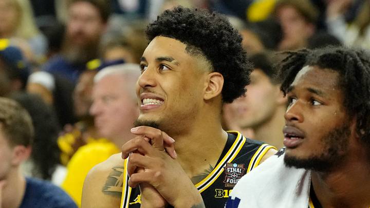 Apr 4, 2026; Indianapolis, IN, USA; Michigan Wolverines forward Yaxel Lendeborg (23) reacts on the bench during the second half in a semifinal of the Final Four of the men's 2026 NCAA Tournament at Lucas Oil Stadium. Mandatory Credit: Bob Donnan-Imagn Images