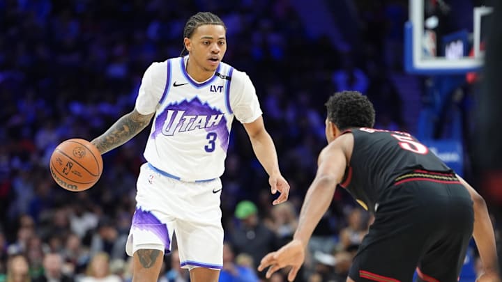Mar 4, 2026; Philadelphia, Pennsylvania, USA; Utah Jazz guard Keyonte George (3) controls the ball against the Philadelphia 76ers in the third quarter at Xfinity Mobile Arena. Mandatory Credit: Kyle Ross-Imagn Images