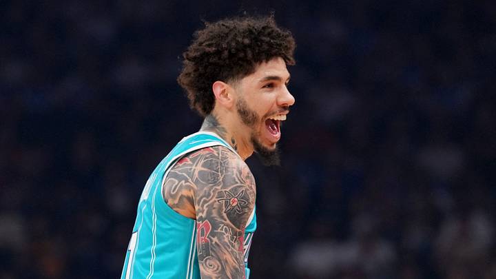 Mar 8, 2026; Phoenix, Arizona, USA; Charlotte Hornets guard LaMelo Ball (1) reacts after making a basket against the Phoenix Suns during the first half at Mortgage Matchup Center. Mandatory Credit: Joe Camporeale-Imagn Images