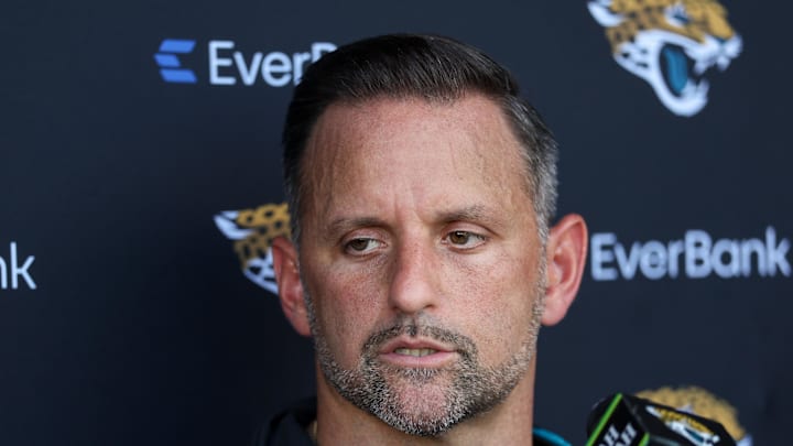 Jul 24, 2025; Jacksonville, FL, USA; Jacksonville Jaguars defensive coordinator Anthony Campanile talks to media during training camp at Miller Electric Center. Mandatory Credit: Nathan Ray Seebeck-Imagn Images Jul 24, 2025; Jacksonville, FL, USA; Jacksonville Jaguars defensive coordinator Anthony Campanile talks to media during training camp at Miller Electric Center. Mandatory Credit: Nathan Ray Seebeck-Imagn Images