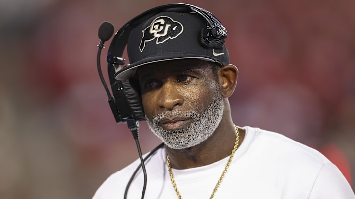 Sep 12, 2025; Houston, Texas, USA; Colorado Buffaloes head coach Deion Sanders looks on from the sideline during the first half against the Houston Cougars at TDECU Stadium. Mandatory Credit: Troy Taormina-Imagn Images