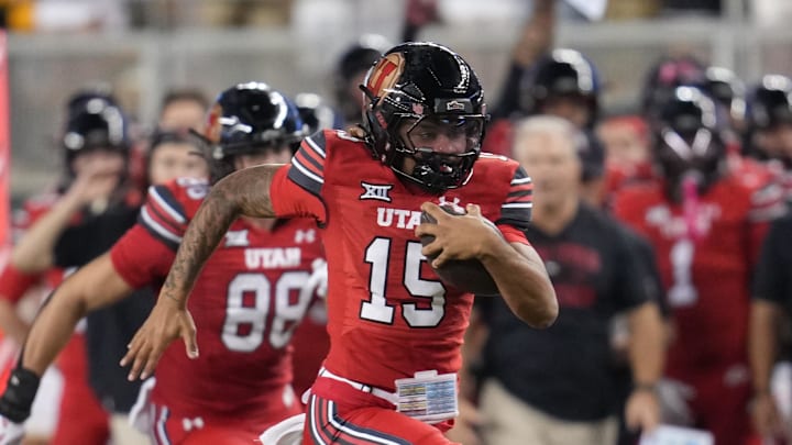 Utah Utes quarterback Byrd Ficklin (15) carries the ball for a 67-yard touchdown during the first half at McLane Stadium. Utah Utes quarterback Byrd Ficklin (15) carries the ball for a 67-yard touchdown during the first half at McLane Stadium.