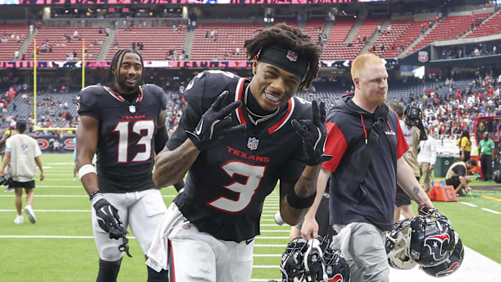 Oct 27, 2024; Houston, Texas, USA; Houston Texans wide receiver Tank Dell (3) runs off the field after the game against the Indianapolis Colts at NRG Stadium. Mandatory Credit: Troy Taormina-Imagn Images