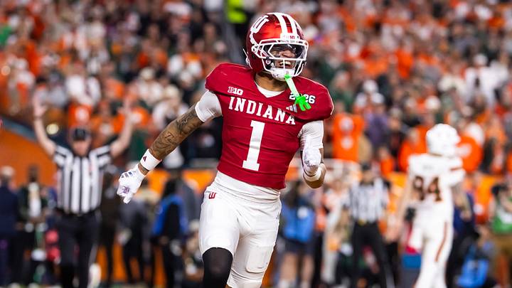 Jan 19, 2026; Miami Gardens, FL, USA; Indiana Hoosiers defensive back Amare Ferrell (1) celebrates against the Miami Hurricanes in the College Football Playoff National Championship game at Hard Rock Stadium. Mandatory Credit: Mark J. Rebilas-Imagn Images Jan 19, 2026; Miami Gardens, FL, USA; Indiana Hoosiers defensive back Amare Ferrell (1) celebrates against the Miami Hurricanes in the College Football Playoff National Championship game at Hard Rock Stadium. Mandatory Credit: Mark J. Rebilas-Imagn Images