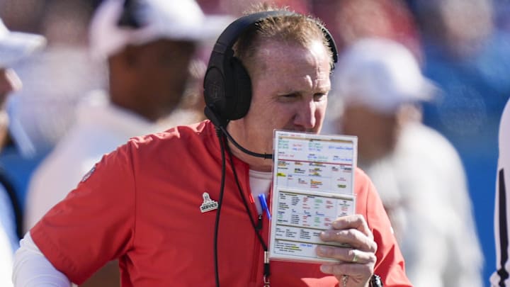 Nov 24, 2024; Charlotte, North Carolina, USA; Kansas City Chiefs defensive coordinator Steve Spagnuolo during the first quarter against the Carolina Panthers at Bank of America Stadium. Mandatory Credit: Jim Dedmon-Imagn Images
