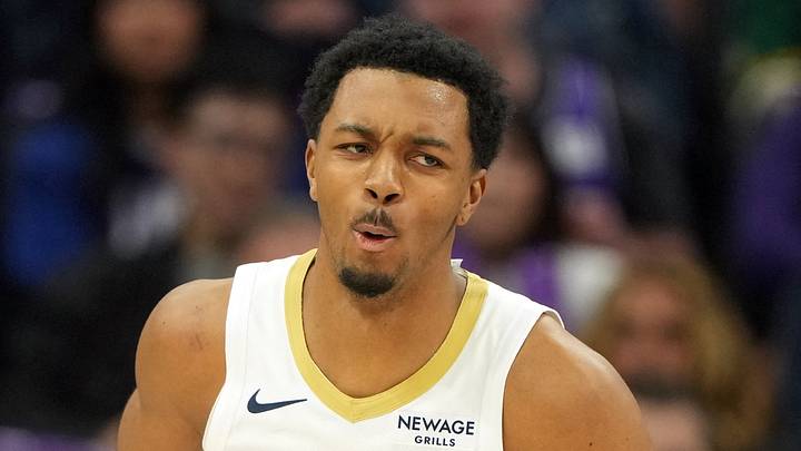 New Orleans Pelicans forward Trey Murphy III (25) reacts after dunking against the Sacramento Kings during the third quarter at Golden 1 Center on April 3, 2026.
