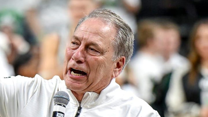 Michigan State's head coach Tom Izzo talks to the fans during the senior night ceremony after the Spartans win over Rutgers on Thursday, March 5, 2026, at the Breslin Center in East Lansing.