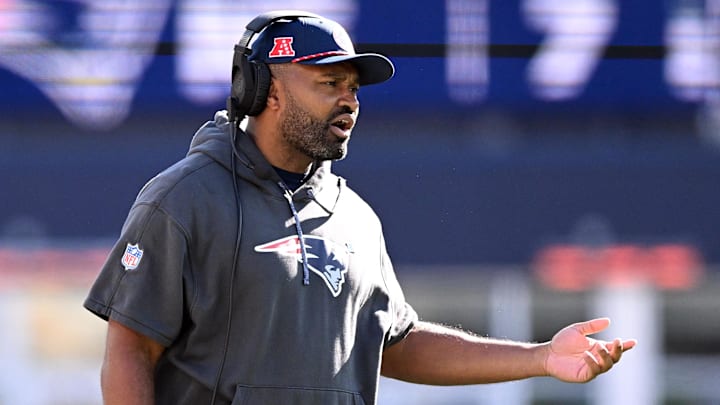 Oct 27, 2024; Foxborough, Massachusetts, USA; New England Patriots head coach Jerod Mayo calls a play against the New York Jets during the first half at Gillette Stadium. Mandatory Credit: Brian Fluharty-Imagn Images