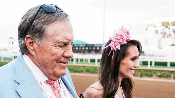 Bill Belichick and girlfriend Jordon Hudson on the dirt track before the 2026 Kentucky Oaks race at Churchill Downs on Friday, May 1, 2026