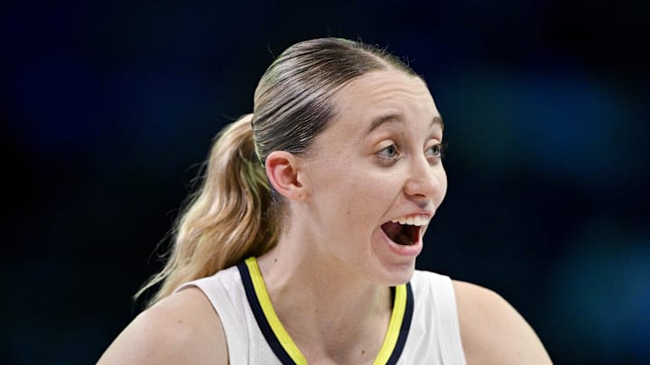 Dallas Wings guard Paige Bueckers celebrates during the second half against the Phoenix Mercury.