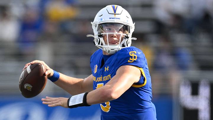 Nov 29, 2024; San Jose, California, USA; San Jose State Spartans quarterback Walker Eget (5) throws against the Stanford Cardinal in the second quarter at CEFCU Stadium. Mandatory Credit: Eakin Howard-Imagn Images Nov 29, 2024; San Jose, California, USA; San Jose State Spartans quarterback Walker Eget (5) throws against the Stanford Cardinal in the second quarter at CEFCU Stadium. Mandatory Credit: Eakin Howard-Imagn Images