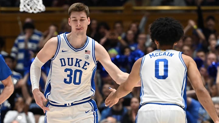 Dec 12, 2023; Durham, North Carolina, USA; Duke Blue Devils center Kyle Filipowski (30) reacts after