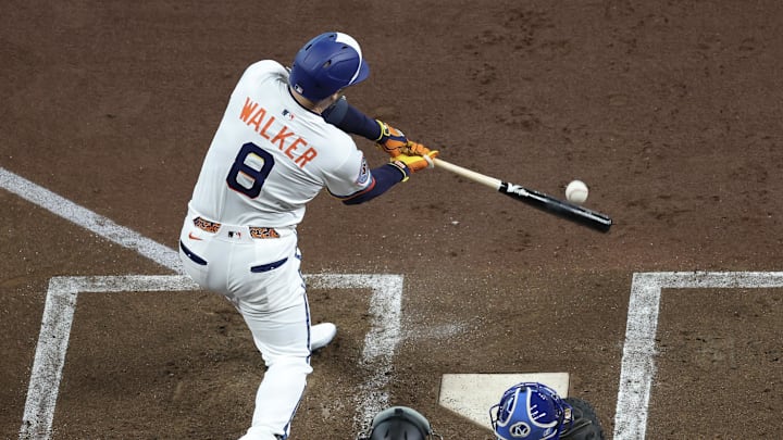May 12, 2025; Houston, Texas, USA;Houston Astros first baseman Christian Walker (8) bats against the Kansas City Royals in the first inning at Daikin Park.