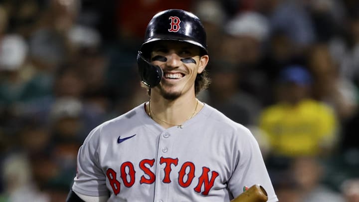 Boston Red Sox left fielder Jarren Duran (16) smiles after getting hit by a pitch during the ninth inning against the Athletics at Sutter Health Park.