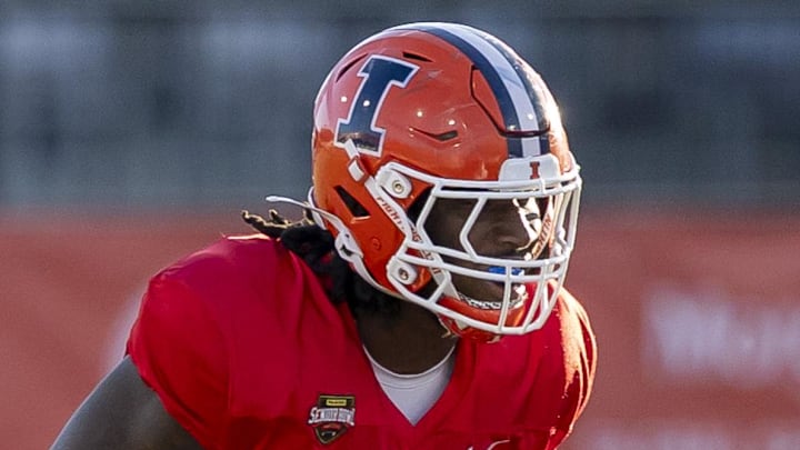 Illinois defensive end Gabe Jacas is shown lining up at the Senior Bowl.