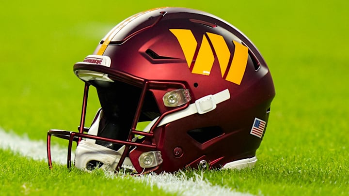 Oct 27, 2025; Kansas City, Missouri, USA; A general view of a Washington Commanders helmet on the field prior to a game against the Kansas City Chiefs at GEHA Field at Arrowhead Stadium. Mandatory Credit: Jay Biggerstaff-Imagn Images