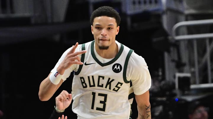 Milwaukee Bucks guard Ryan Rollins (13) reacts after scoring a 3-point basket in the 3rd quarter against the New York Knicks at Fiserv Forum on October 28, 2205. Milwaukee Bucks guard Ryan Rollins (13) reacts after scoring a 3-point basket in the 3rd quarter against the New York Knicks at Fiserv Forum on October 28, 2205.
