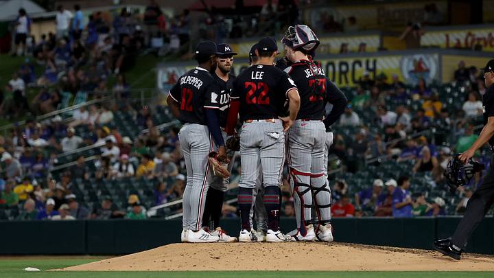 Aug 26, 2026; West Sacramento, California, USA; Minnesota infielders meet at the mound in a game against the Athletics during the sixth inning at Sutter Health Park. Mandatory Credit: Dennis Lee-Imagn Images Aug 26, 2026; West Sacramento, California, USA; Minnesota infielders meet at the mound in a game against the Athletics during the sixth inning at Sutter Health Park. Mandatory Credit: Dennis Lee-Imagn Images