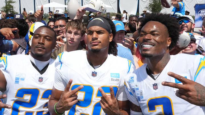 Jul 31, 2026; El Segundo, CA, USA; Los Angeles Chargers safeies Tony Jefferson (23), Genesis Smith (22) and Derwin James Jr. (3) pose at during training camp at The Bolt. Mandatory Credit: Kirby Lee-Imagn Images Jul 31, 2026; El Segundo, CA, USA; Los Angeles Chargers safeies Tony Jefferson (23), Genesis Smith (22) and Derwin James Jr. (3) pose at during training camp at The Bolt. Mandatory Credit: Kirby Lee-Imagn Images