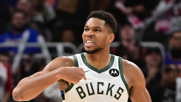 Milwaukee Bucks forward Giannis Antetokounmpo (34) reacts after scoring a basket in the 3rd quarter against the New York Knicks at Fiserv Forum. Oct 28, 2025. Milwaukee Bucks forward Giannis Antetokounmpo (34) reacts after scoring a basket in the 3rd quarter against the New York Knicks at Fiserv Forum. Oct 28, 2025.