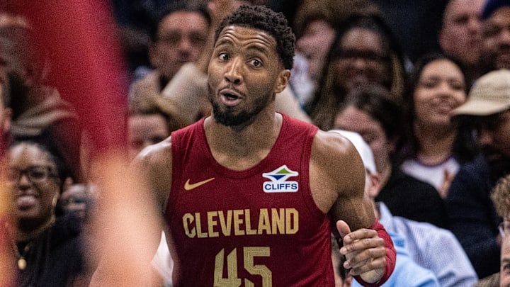 Mar 7, 2025; Charlotte, North Carolina, USA; Cleveland Cavaliers guard Donovan Mitchell (45) reacts after scoring to end the second quarter against the Charlotte Hornets at Spectrum Center. Mandatory Credit: Scott Kinser-Imagn Images