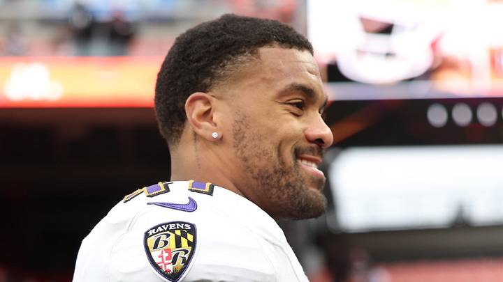 Nov 16, 2025; Cleveland, Ohio, USA; Baltimore Ravens linebacker Dre'Mont Jones (41) greets fans prior to a game against the Cleveland Browns at Huntington Bank Field. Mandatory Credit: Scott Galvin-Imagn Images