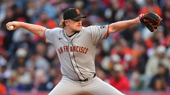 Apr 18, 2025; Anaheim, California, USA; San Francisco Giants pitcher Logan Webb (62) throws against the Los Angeles Angels during the first inning at Angel Stadium. Apr 18, 2025; Anaheim, California, USA; San Francisco Giants pitcher Logan Webb (62) throws against the Los Angeles Angels during the first inning at Angel Stadium.