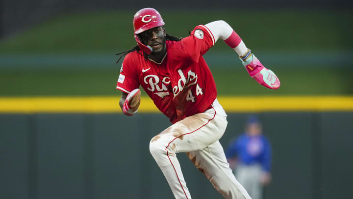 Sep 20, 2025; Cincinnati, Ohio, USA; Cincinnati Reds shortstop Elly De La Cruz (44) advances to third base on a wild pitch by Chicago Cubs pitcher Javier Assad (72) in the second inning at Great American Ball Park. Mandatory Credit: Aaron Doster-Imagn Images