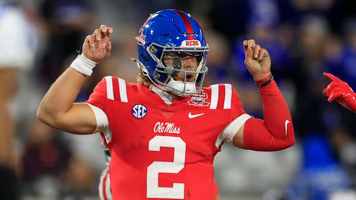 Mississippi Rebels quarterback Jaxson Dart (2) calls a play during the first quarter of the TaxSlayer Gator Bowl Thursday, Jan. 2, 2025 at EverBank Stadium in Jacksonville, Fla. [Corey Perrine/Florida Times-Union]