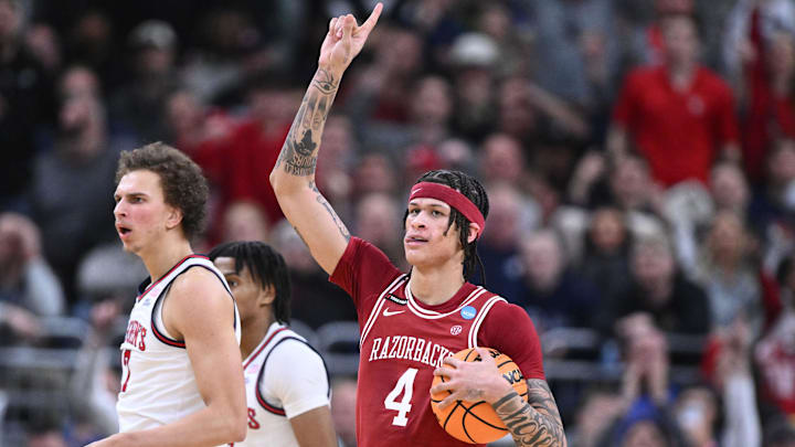 Arkansas Razorbacks forward Trevon Brazile (4) celebrates during the second half of a second round men’s NCAA Tournament game against the St. John's Red Storm at Amica Mutual Pavilion.