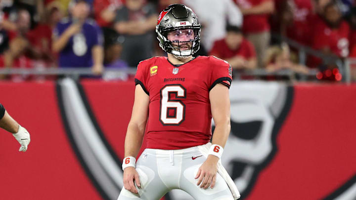 Oct 21, 2024; Tampa, Florida, USA; Tampa Bay Buccaneers quarterback Baker Mayfield (6) reacts after he threw the ball for an interception against the Baltimore Ravens during the first half at Raymond James Stadium. Mandatory Credit: Kim Klement Neitzel-Imagn Images
